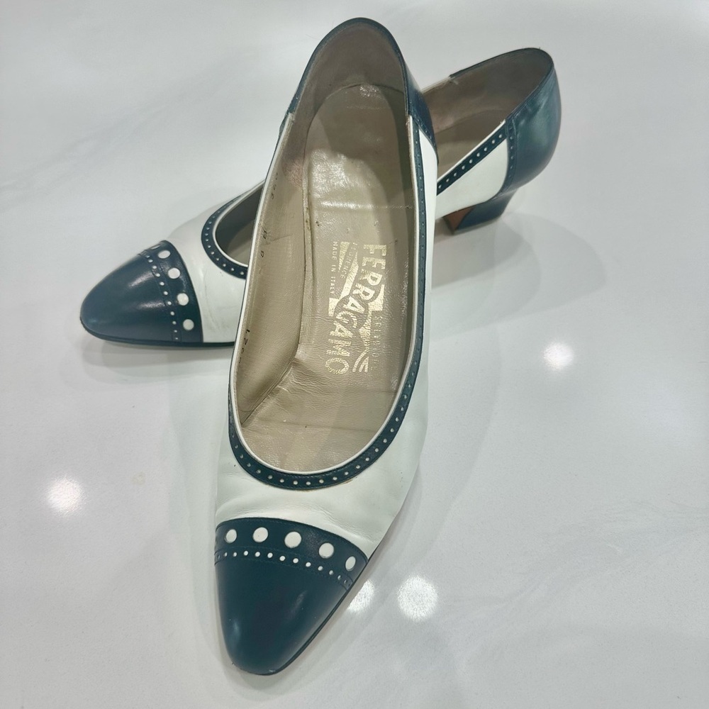 Salvatore Ferragamo Teal and White Heels